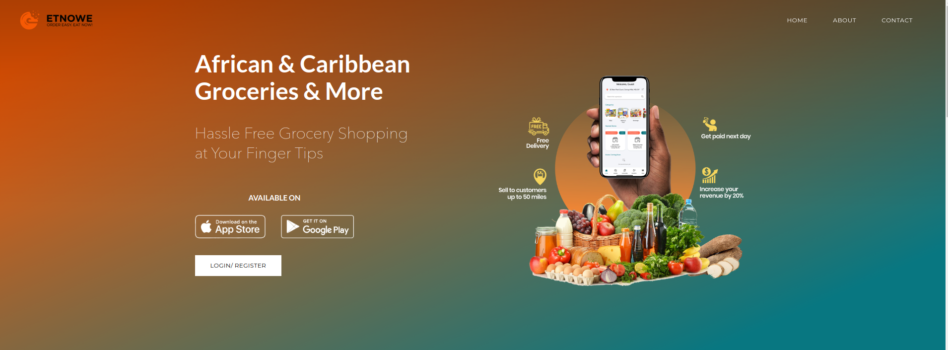 Image on a yellow and green background of the app we helped develop, etnowe, an african and caribbean groceries ordering app, with food on the banner